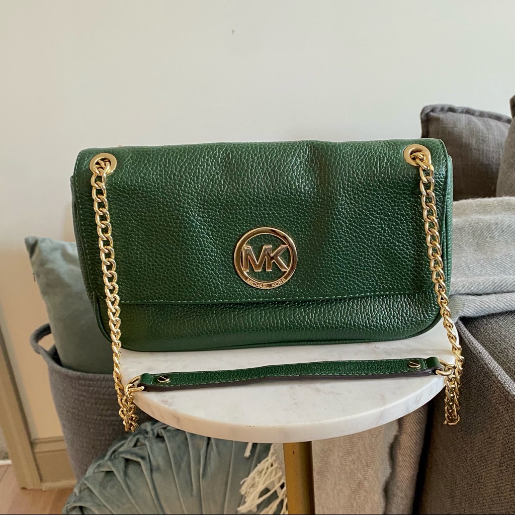 Michael Kors Genuine Leather Hunter Green Shoulder Bag With Gold Accents